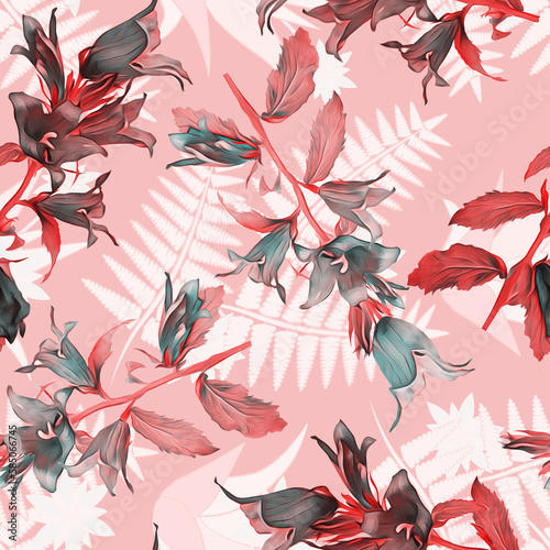 Bell flowers with fern silhouette seamless pattern.