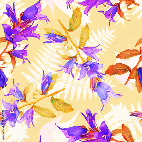 Bell flowers with fern silhouette seamless pattern.