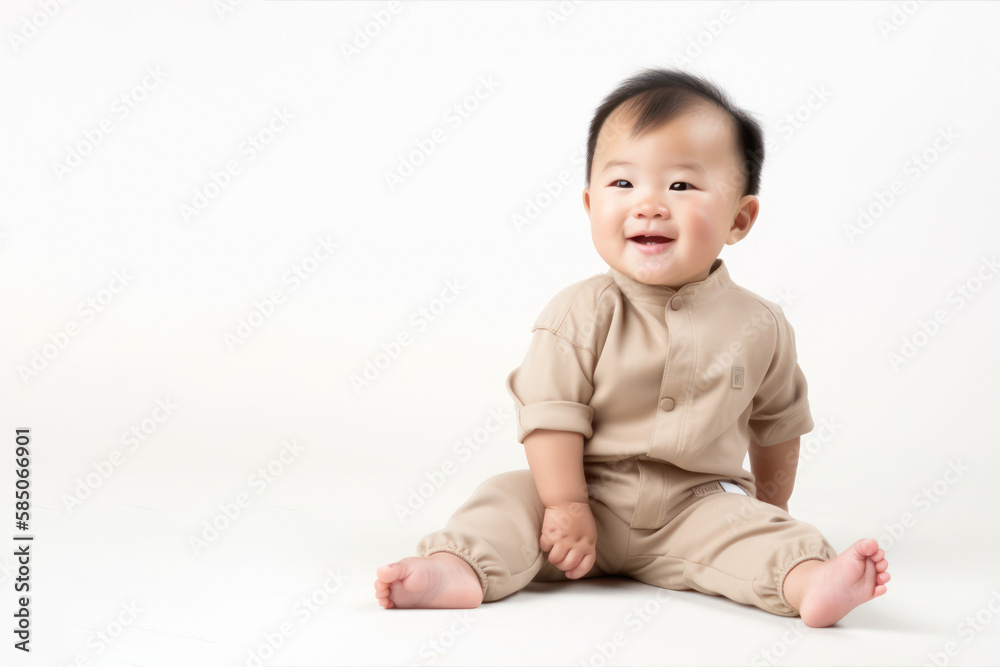Smiling asian toddler sits on a beige background with copy space. Advertising template for children's products. Photorealistic illustration generative AI. Smiling asian toddler sits on a beige background with copy space. Advertising template for children's products. Photorealistic illustration generative AI.