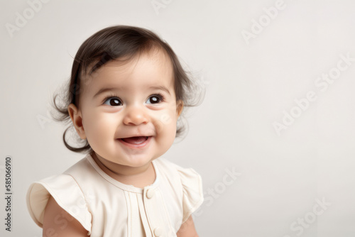 Close-up portrait of a smiling Mexican toddler girl in front of a white background with copy space. Advertising template for children's products. Photorealistic illustration generative AI.