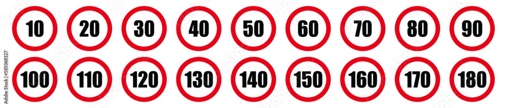 Speed limit sign set with black numbers and red circle. - obrazy, fototapety, plakaty 