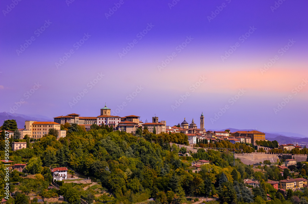 Panorama of the city of Bergamo Alta, Italy, at sunset. 