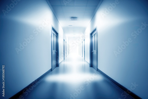 Abstract blur image background of corridor in hospital or clinic image. Generative AI