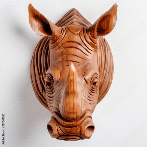 Mahogany wooden rhino head trophy, isolated on white, wall hanging, generative ai