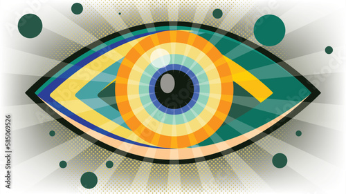 vision symbol . eye ball illustration with multi color on sunrays AND halftone style