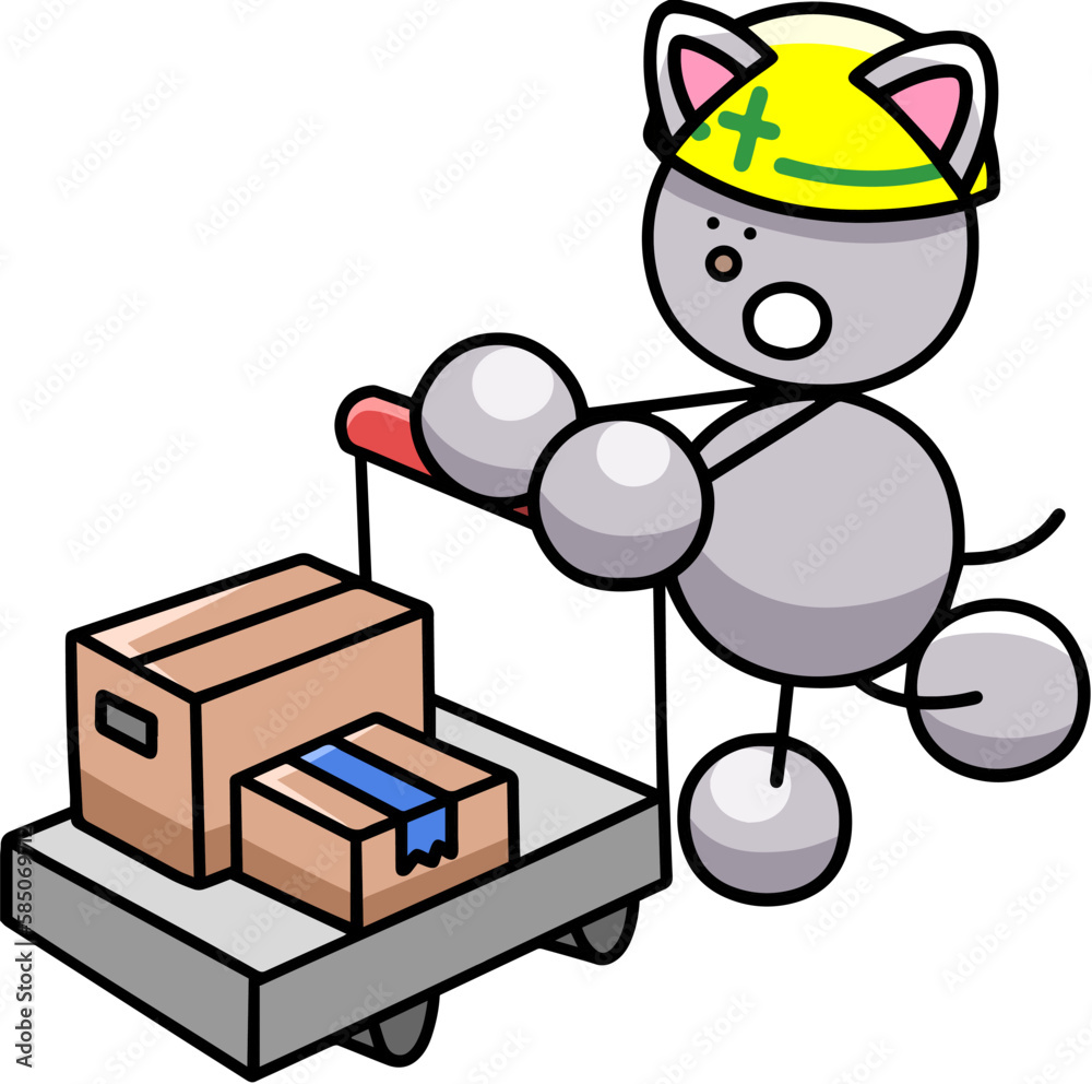 Fototapeta premium 台車で荷物を運ぶにゃんまるのイラスト 猫