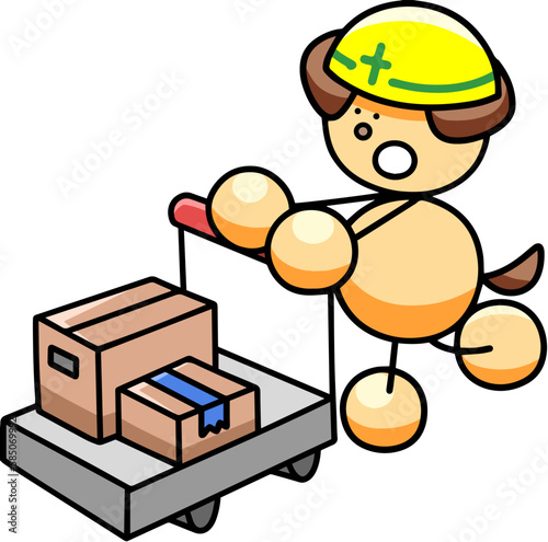 台車で荷物を運ぶわんまるのイラスト　犬
