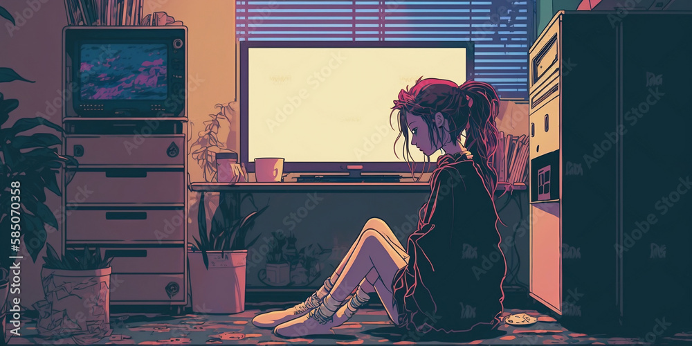 Cute Anime woman looking at the cityscape by night time. Lofi girl ...