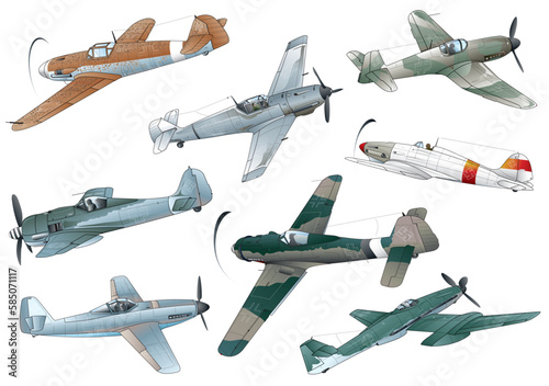 Fototapeta Illustration collection of 8 types of world war 2 age german propeller monoplane fighters