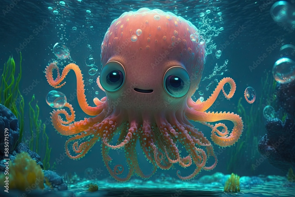 Cute Cartoon Octopus Character Underwater in the Ocean (Generative AI ...