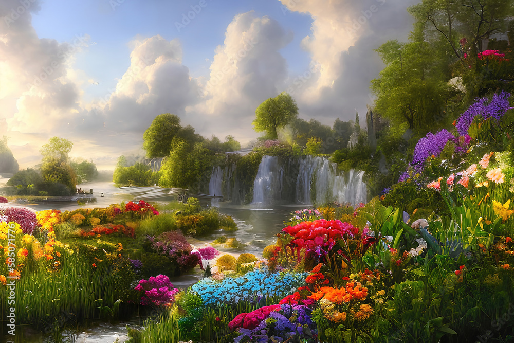 Paradise garden full of flowers, beautiful idyllic background with