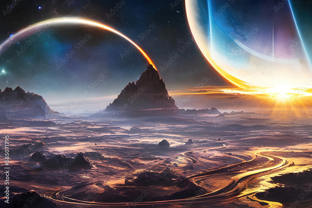 Landscape of an alien planet, space wallpaper banner background. Generative Ai.