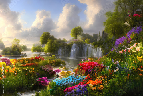 Fototapeta Paradise garden full of flowers, beautiful idyllic  background with many flowers in eden, 3d illustration