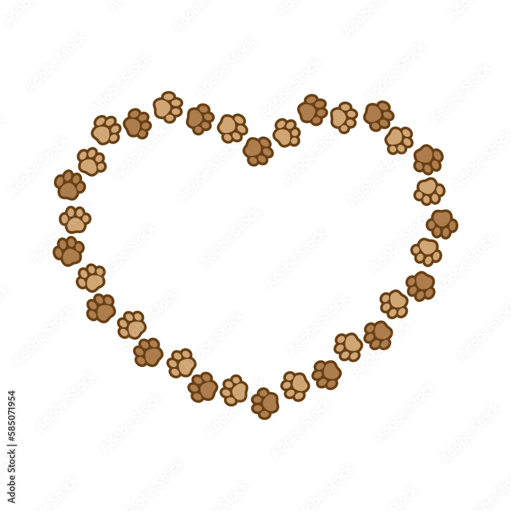 Heart shaped frame made of animal paw prints with empty space for your text and images. Cute Valentines, animal lover dog paw print border. Heart shaped frame made of animal paw prints with empty space for your text and images. Cute Valentines, animal lover dog paw print border.