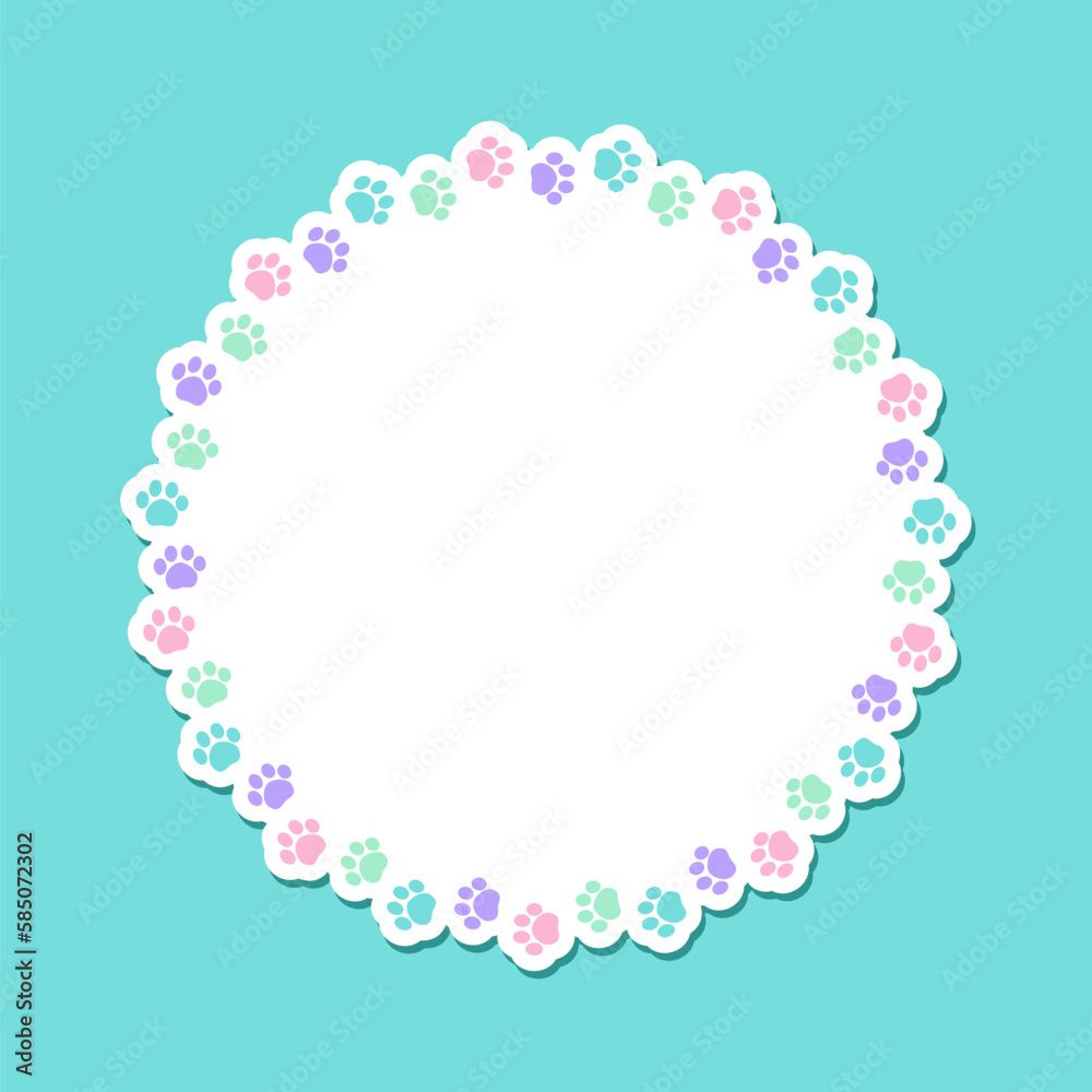 Round colorful pastel animal paw print frame with empty space for your text and images. Cute dog paw prints border. Vector illustration