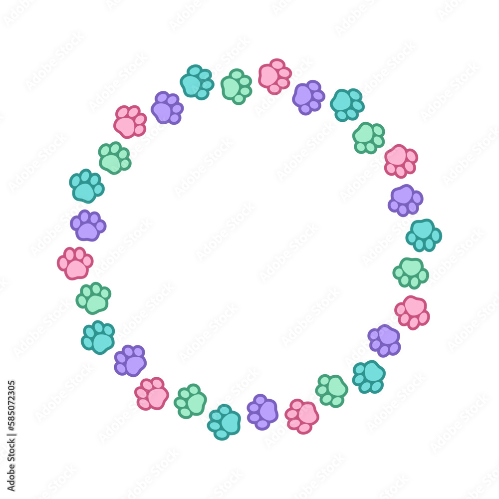 Round colorful pastel animal paw print frame with empty space for your text and images. Cute dog paw prints border. Vector illustration Round colorful pastel animal paw print frame with empty space for your text and images. Cute dog paw prints border. Vector illustration