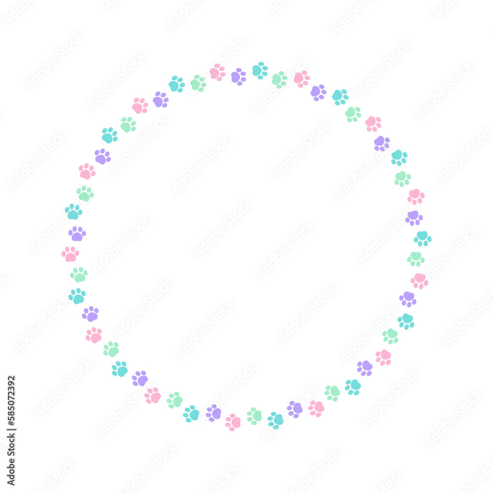 Round colorful pastel animal paw print frame with empty space for your text and images. Cute dog paw prints border. Vector illustration Round colorful pastel animal paw print frame with empty space for your text and images. Cute dog paw prints border. Vector illustration