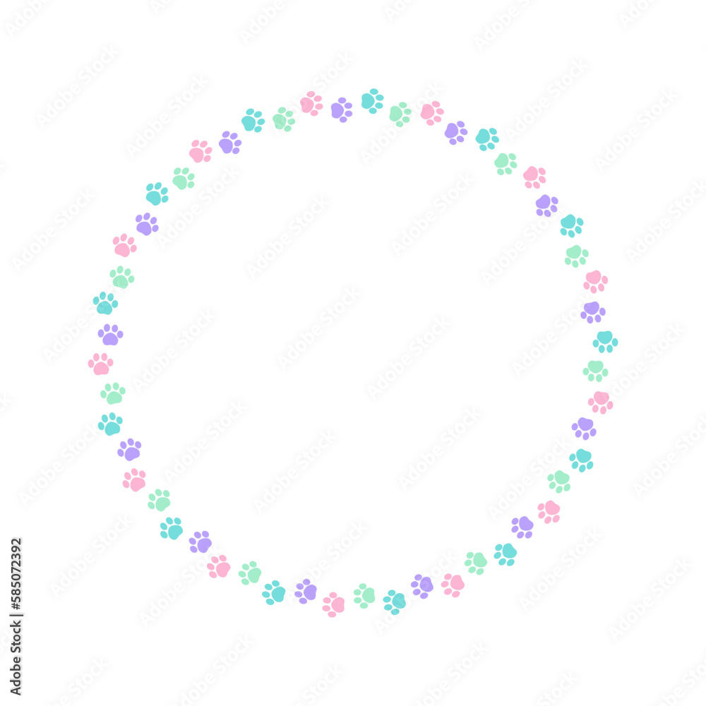 Round colorful pastel animal paw print frame with empty space for your text and images. Cute dog paw prints border. Vector illustration