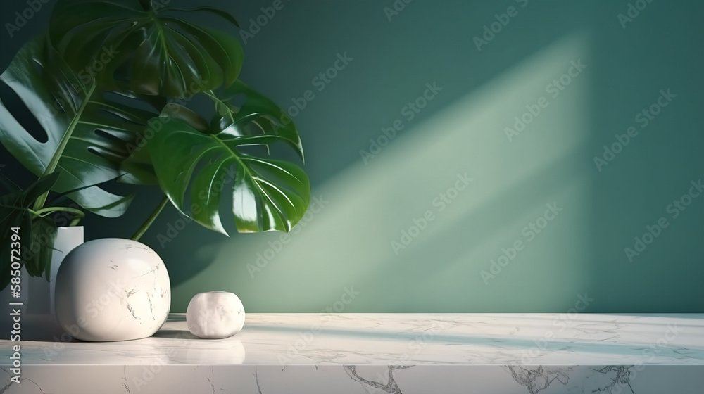 Minimal, modern white marble stone counter table, tropical monstera plant tree in sunlight on green wall background for luxury fresh organic cosmetic, Created with generative AI tools Minimal, modern white marble stone counter table, tropical monstera plant tree in sunlight on green wall background for luxury fresh organic cosmetic, Created with generative AI tools