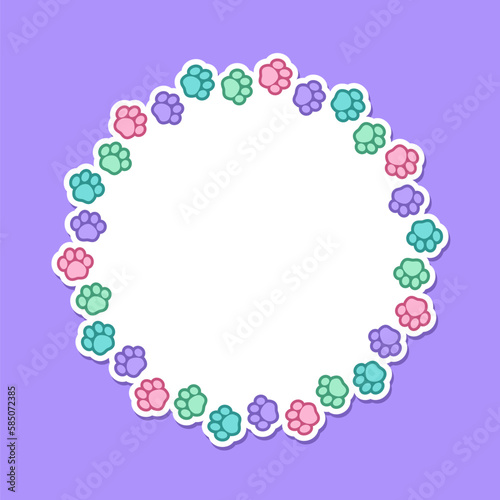 Round colorful pastel animal paw print frame with empty space for your text and images. Cute dog paw prints border. Vector illustration