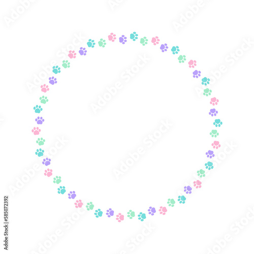 Round colorful pastel animal paw print frame with empty space for your text and images. Cute dog paw prints border. Vector illustration