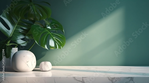 Minimal, modern white marble stone counter table, tropical monstera plant tree in sunlight on green wall background for luxury fresh organic cosmetic, Created with generative AI tools © JanPaulAnthony