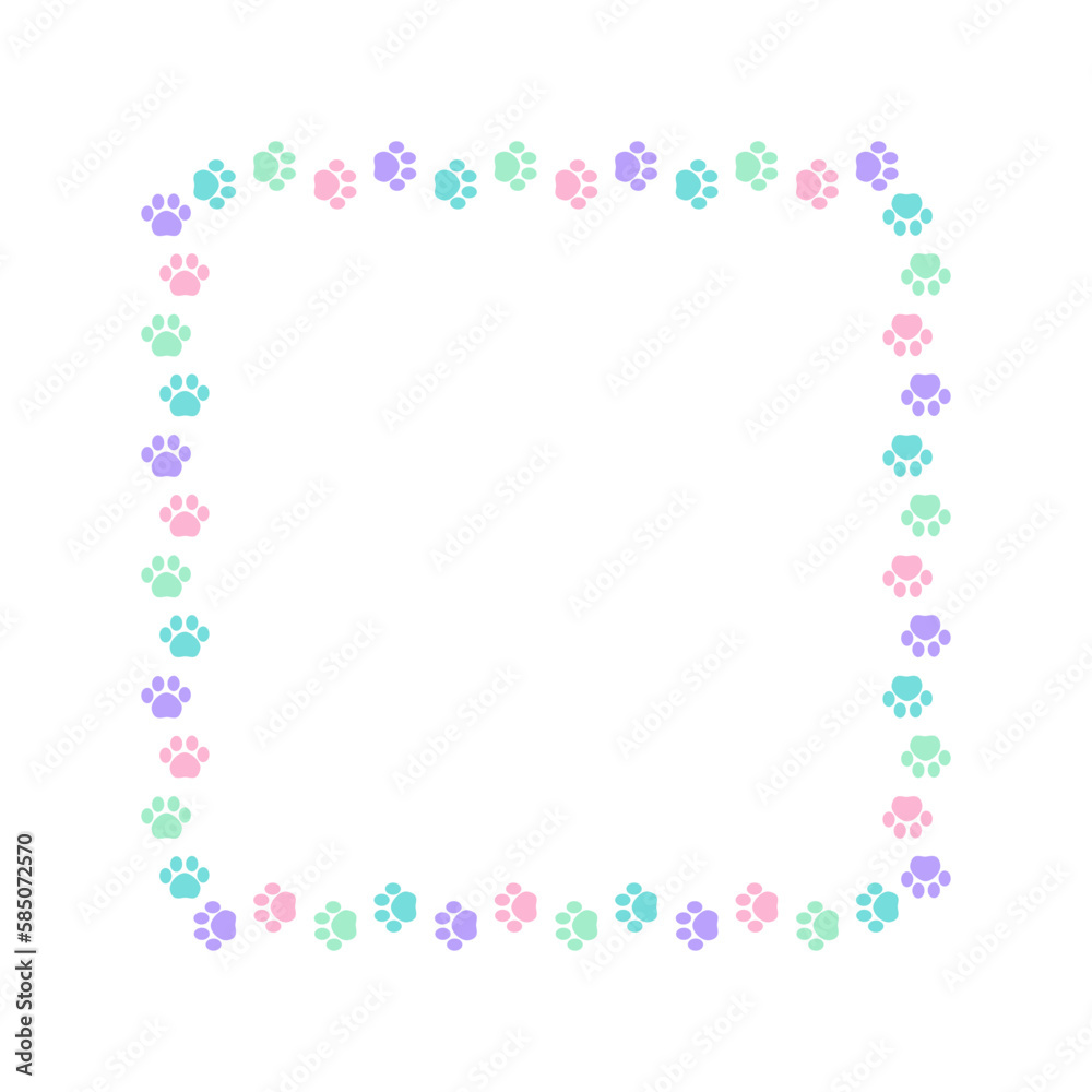 Square colorful pastel animal paw print frame with empty space for your text and images. Cute dog paw prints border. Vector illustration Square colorful pastel animal paw print frame with empty space for your text and images. Cute dog paw prints border. Vector illustration