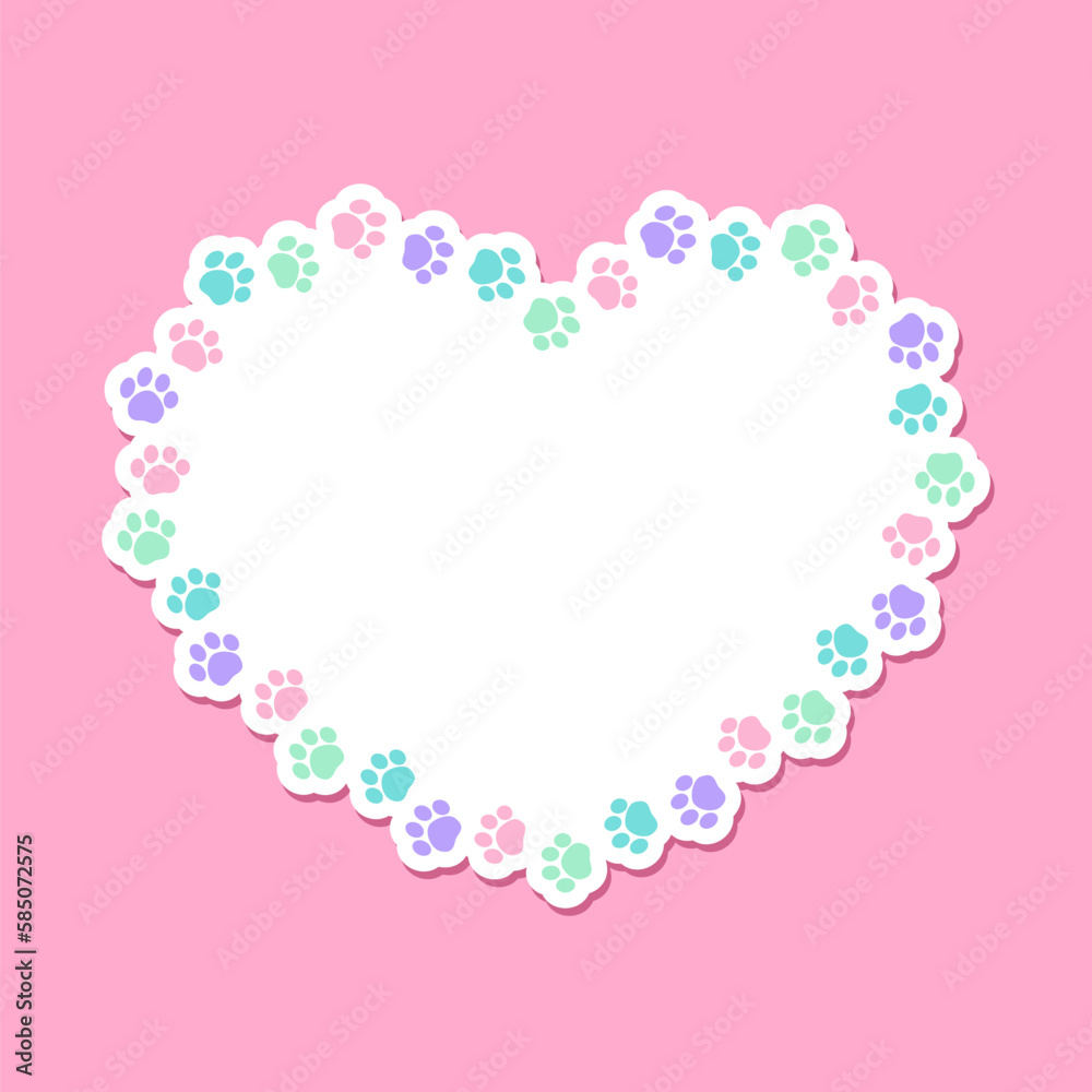 Heart shaped colorful pastel animal paw print frame with copy space. Cute Valentines Day, animal lover dog paw prints border. Vector illustration