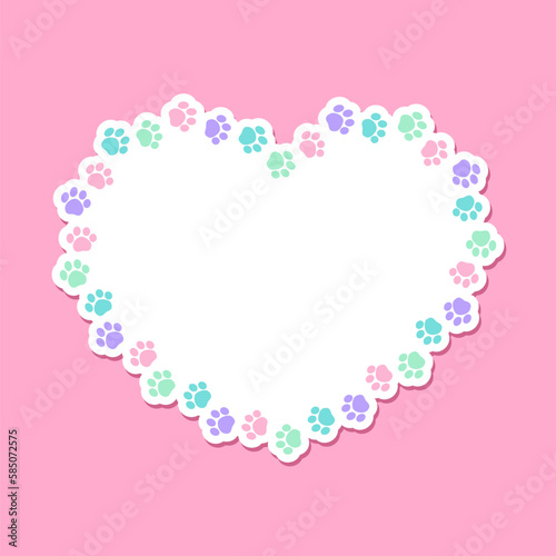Heart shaped colorful pastel animal paw print frame with copy space. Cute Valentines Day, animal lover dog paw prints border. Vector illustration © Aletheia Shade