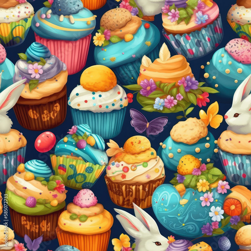 Easter seamless pattern with delicious cupcakes and sweet animals. Generative ai.