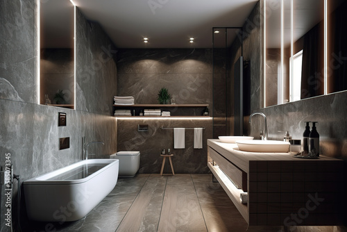 Light luxury bathroom interior with sink and tub, mirror, glass, beautiful light, glass, and generative AI tools.