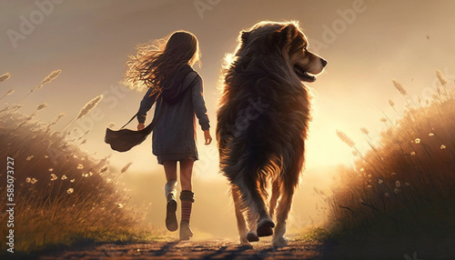 Girl running with a dog at morning. Generative Ai.