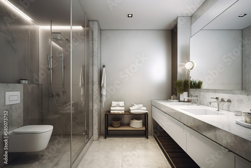 Light luxury bathroom interior with sink and tub  mirror  glass  beautiful light  glass  and generative AI tools.