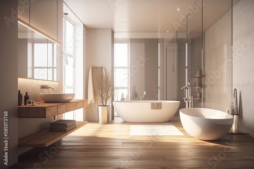 Light luxury bathroom interior with sink and tub  mirror  glass  beautiful light  glass  and generative AI tools.