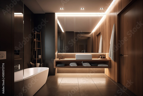 Light luxury bathroom interior with sink and tub, mirror, glass, beautiful light, glass, and generative AI tools. © MrNobody
