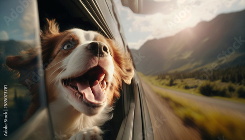 Happy dog with head out of the car window having fun. Generative Ai. © 121icons
