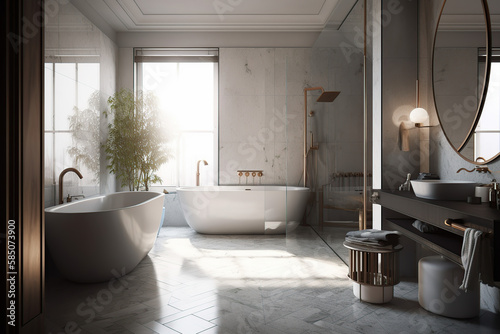 Light luxury bathroom interior with sink and tub  mirror  glass  beautiful light  glass  and generative AI tools.