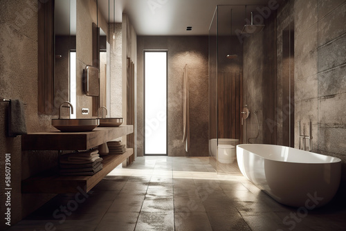 Light luxury bathroom interior with sink and tub  mirror  glass  beautiful light  glass  and generative AI tools.