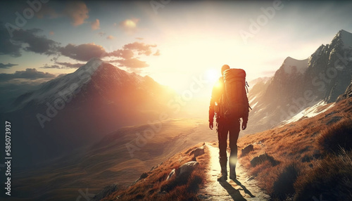 Hiker goes against sky and sun. Hiking concept. Generative Ai. © 121icons