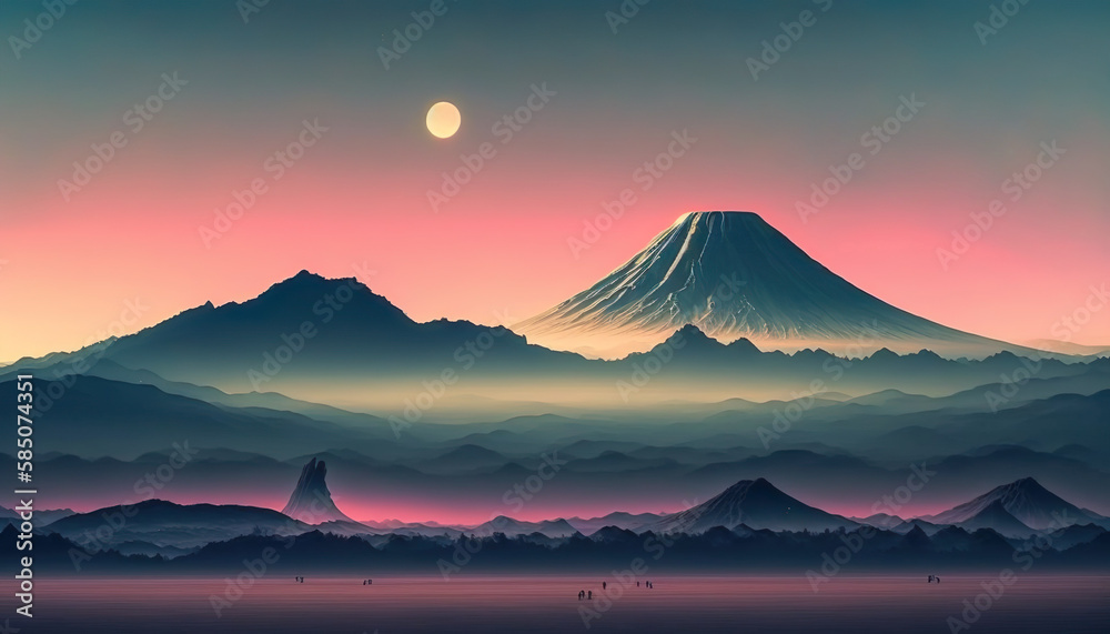Der Mond in Japan über einem Berg, Vulkan, Kawaii, genrative Ai