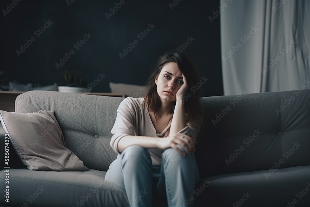 eine frau mit migräne sitzt auf einer couch, hält sich den kopf und wirkt müde. (generative ai) eine frau mit migräne sitzt auf einer couch, hält sich den kopf und wirkt müde. (generative ai)