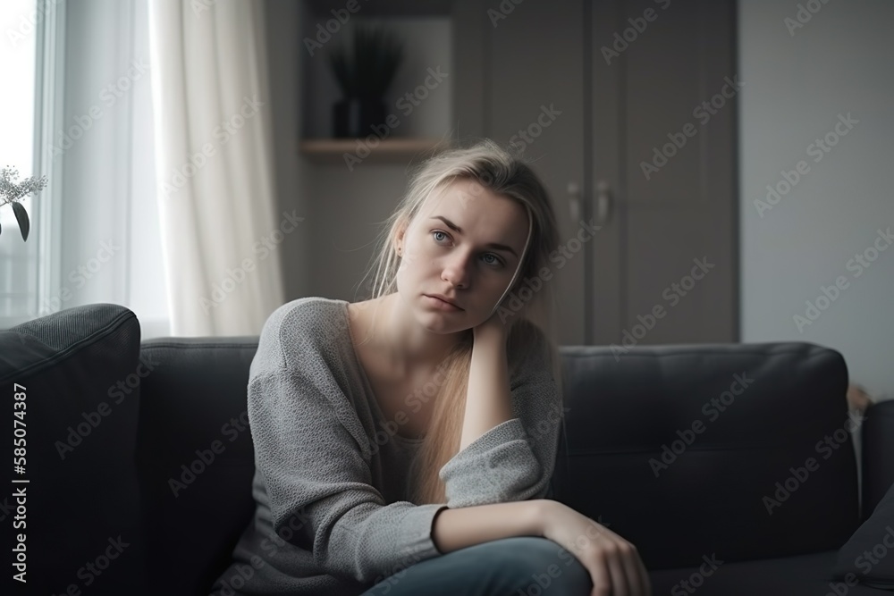 eine frau mit migräne sitzt auf einer couch, hält sich den kopf und wirkt müde. (generative ai) eine frau mit migräne sitzt auf einer couch, hält sich den kopf und wirkt müde. (generative ai)