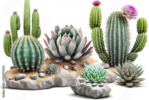 Set of isolated cactuses succulents with desert stones with sand on white background for landscaping