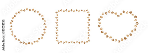 Cute animal paw print frame with copy space. Animal pet dog paw prints border template set. Vector illustration