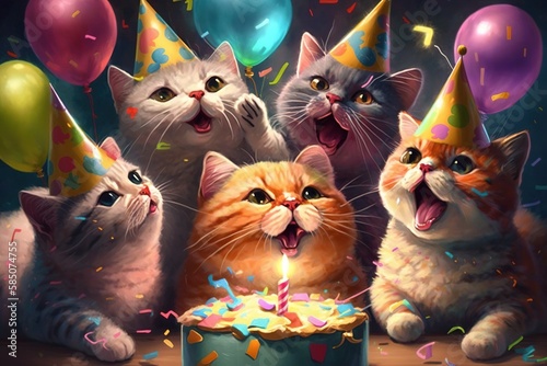 Cat birthday party illustration, happy cats, cake confetti party fun,  Generative AI
