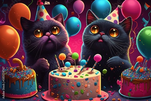 Cat birthday party illustration, happy cats, cake confetti party fun,  Generative AI