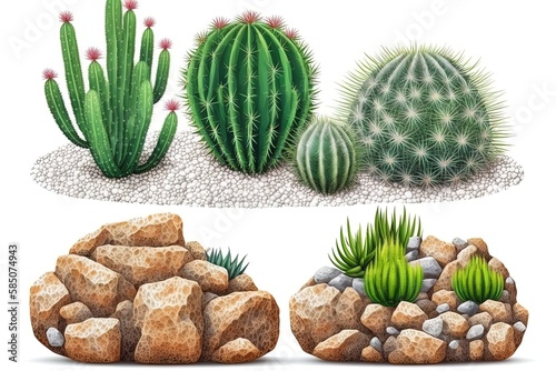 Set of isolated cactuses succulents with desert stones with sand on white background for landscaping