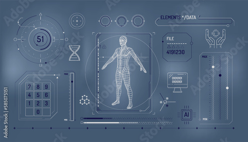 Set of infographic elements about DNA research and digital technologies.