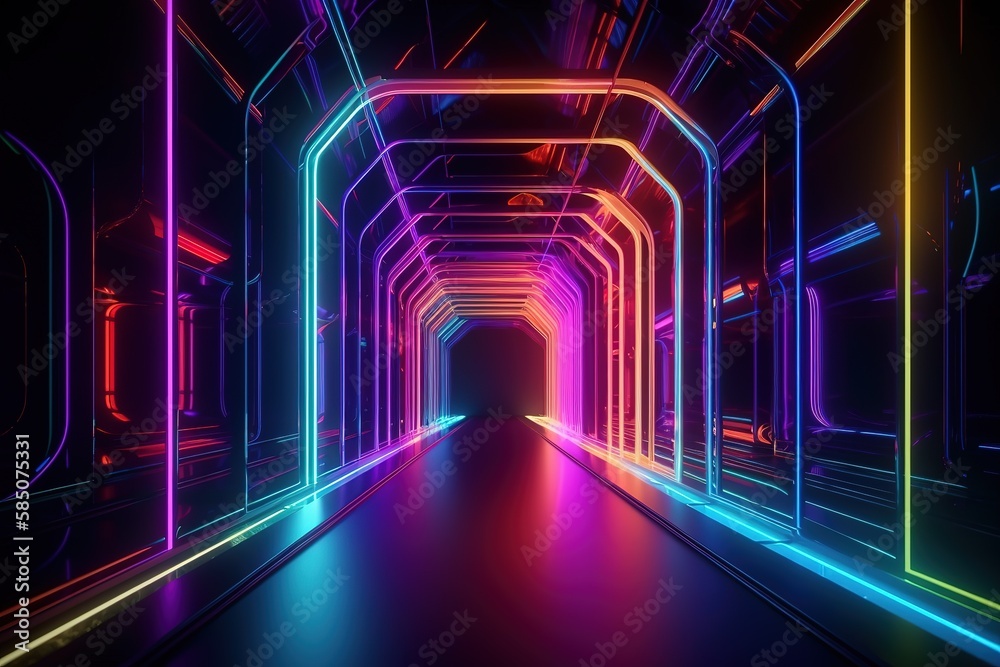 Fototapeta premium 3d rendering, ultraviolet spectrum, glowing lines, neon lights, abstract psychedelic background, corridor, tunnel perspective, vibrant colors.