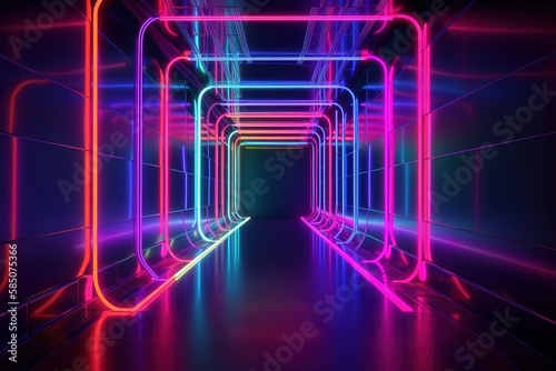 3d rendering, ultraviolet spectrum, glowing lines, neon lights, abstract psychedelic background, corridor, tunnel perspective, vibrant colors.